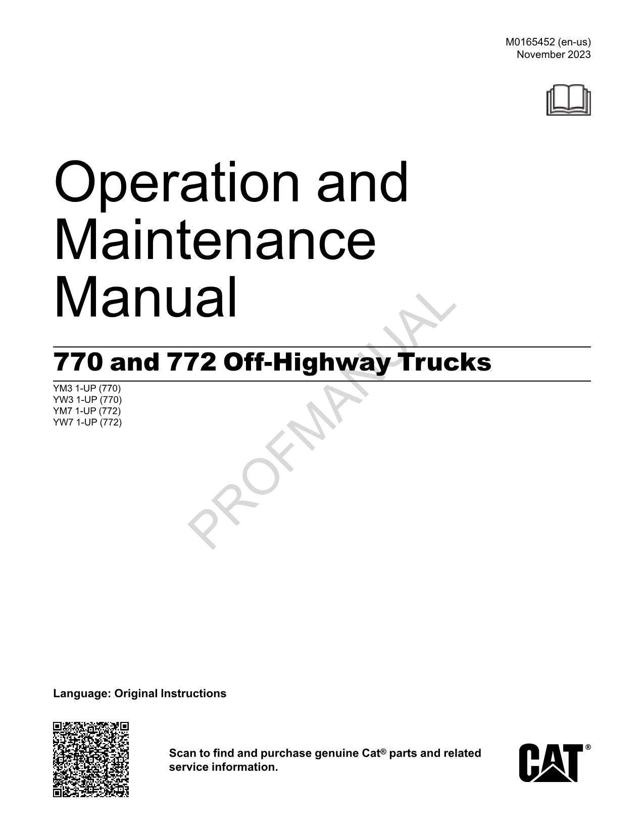 Caterpillar Cat 770 772 Off Highway Truck Operators Maintenance Manual M0165452