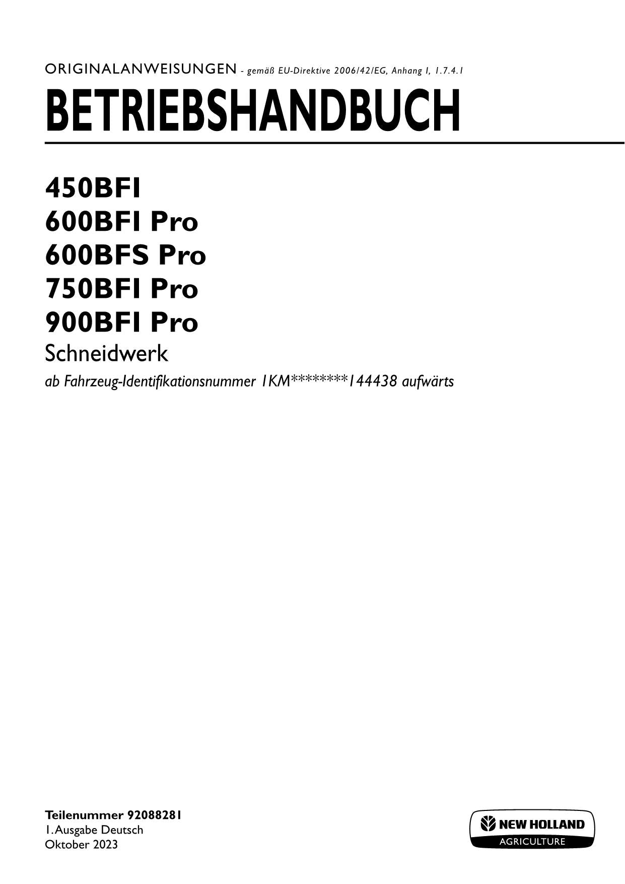 New Holland 450BFI 600BFI 600BFS 750BFI 900BFI Schneidwerk Manuel d'instructions