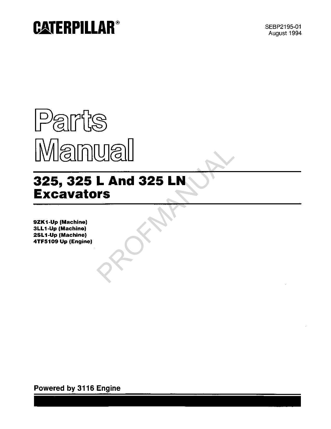 Caterpillar Cat 325 325 L 325 LN Excavator Parts Catalog Manual