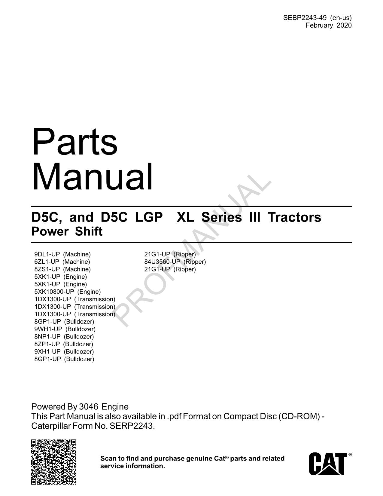 Catalogue de pièces détachées pour tracteur Caterpillar Cat D5C D5C Lgp XL série III