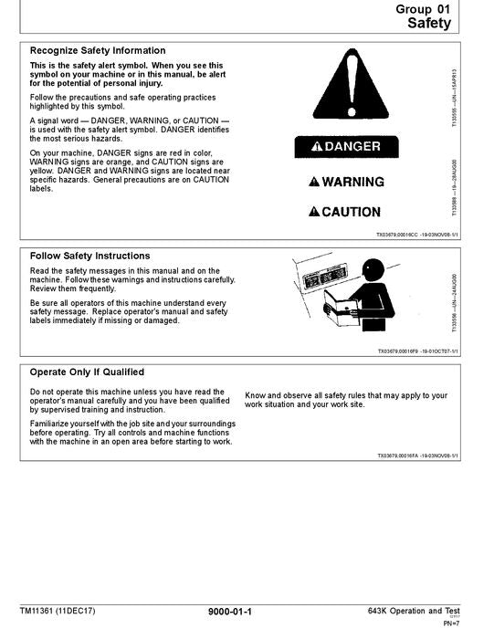 JOHN DEERE 643K WHEELED FELLER BUNCHER OPERATION TEST TECHNICAL MANUAL