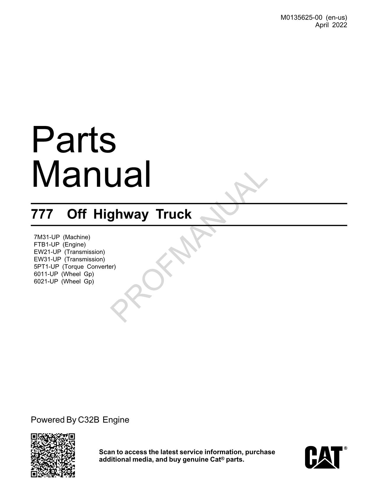 Caterpillar Cat 777 Off Highway Truck Parts Catalog Manual M0135625EN US