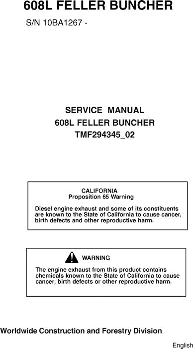 JOHN DEERE 608L TRACKED FELLER BUNCHER SERVICEHANDBUCH sn 10BA1267-10BA6019