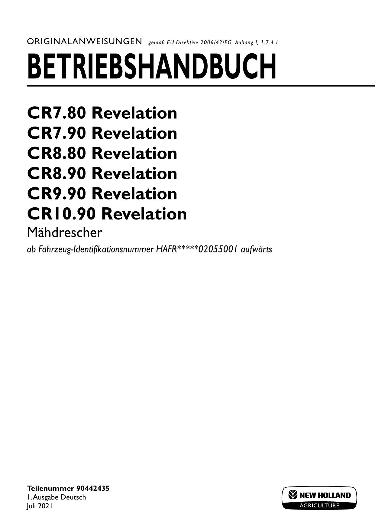 New Holland CR10 90 CR7 80 Revelation Mähdrescher Betriebsanleitung 90442435