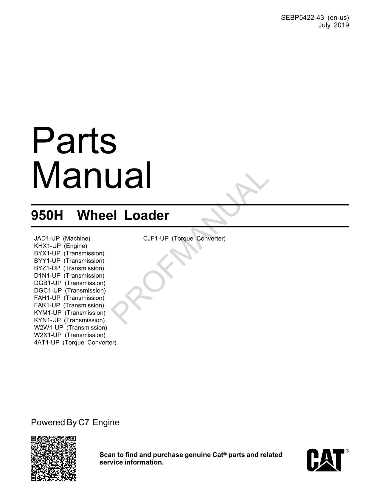 Caterpillar Cat 950H Wheel Loader Parts Catalog Manual SEBP5422