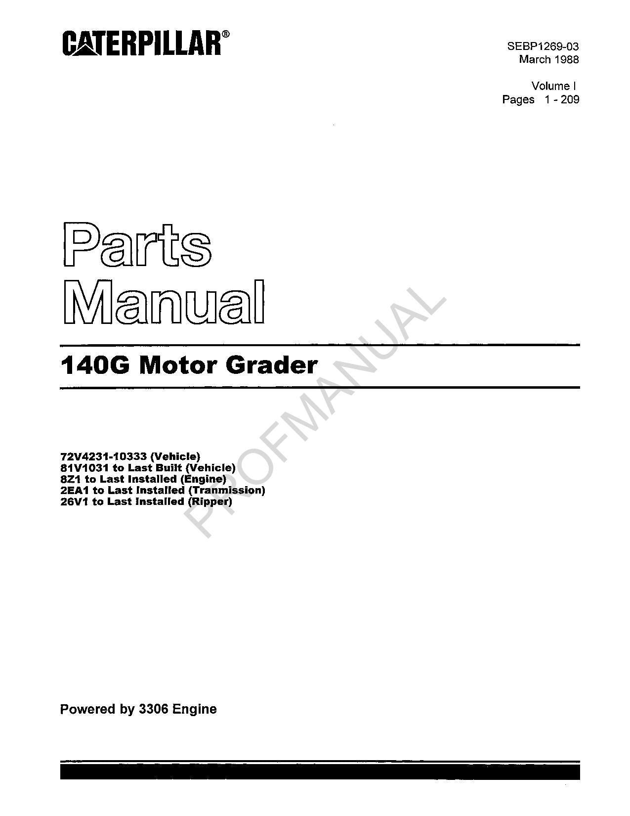 Caterpillar Cat 140G Motor Grader Parts Catalog Manual SEBP1269