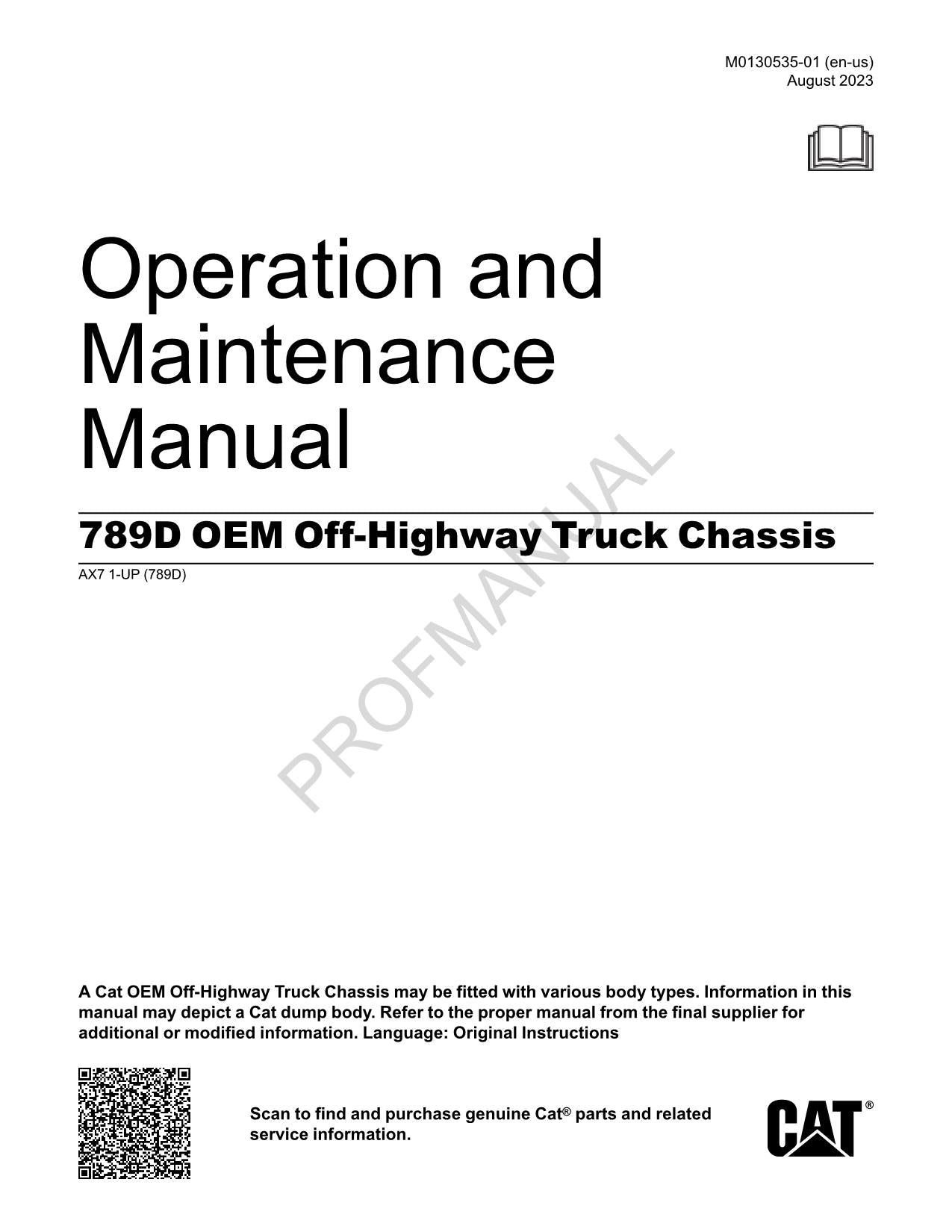 Caterpillar Cat 789D OEM Off Highway Truck Chassis Operators Maintenance Manual