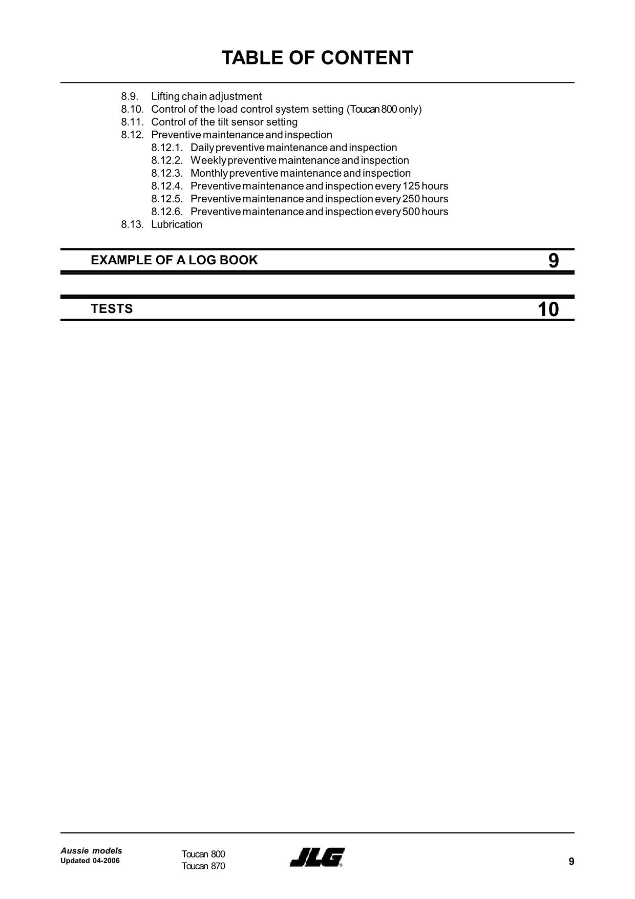 TOUCAN 800 Vertical Lift Maintenance Operation Operators Manual