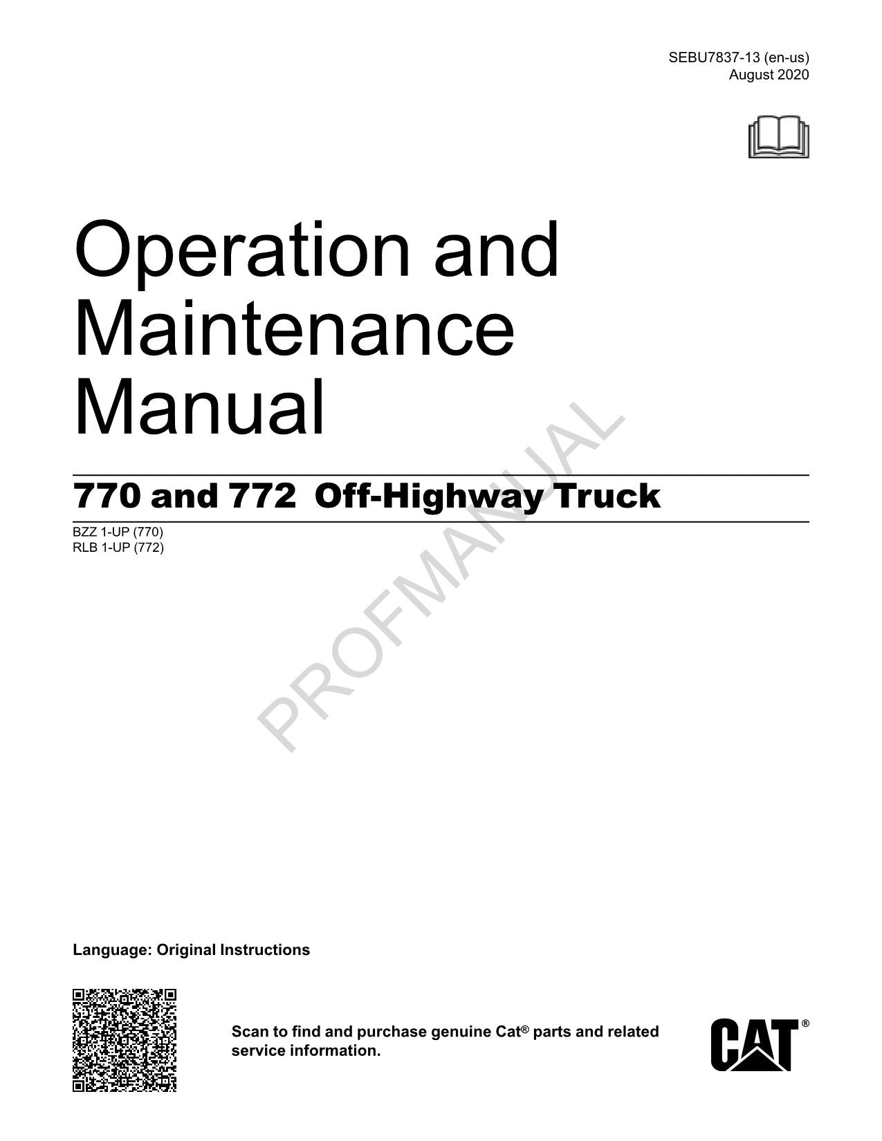 Caterpillar Cat 770 772 Off Highway Truck Operators Maintenance Manual SEBU7837