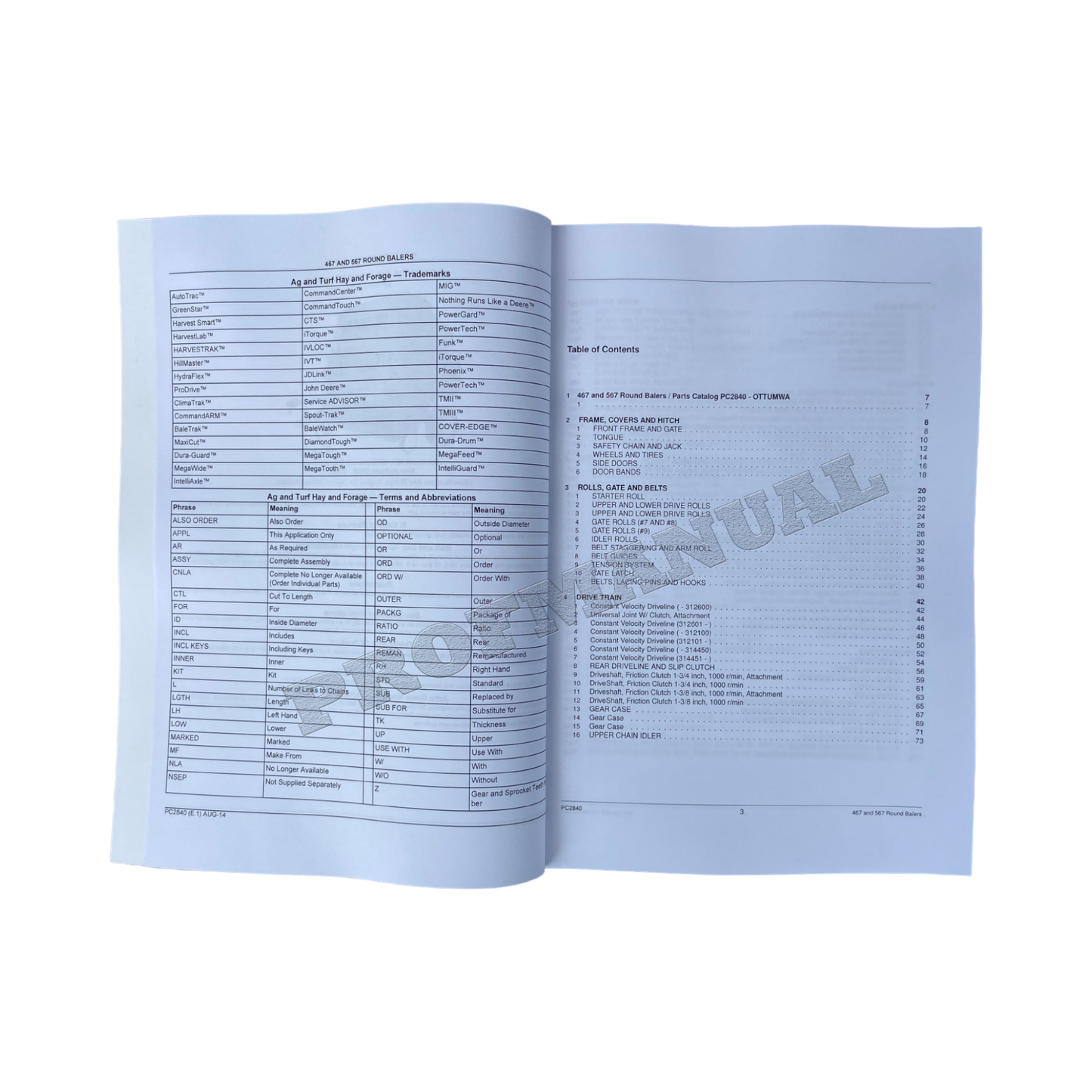 JOHN DEERE 467 467S 567 ROUND BALER PARTS CATALOG MANUAL