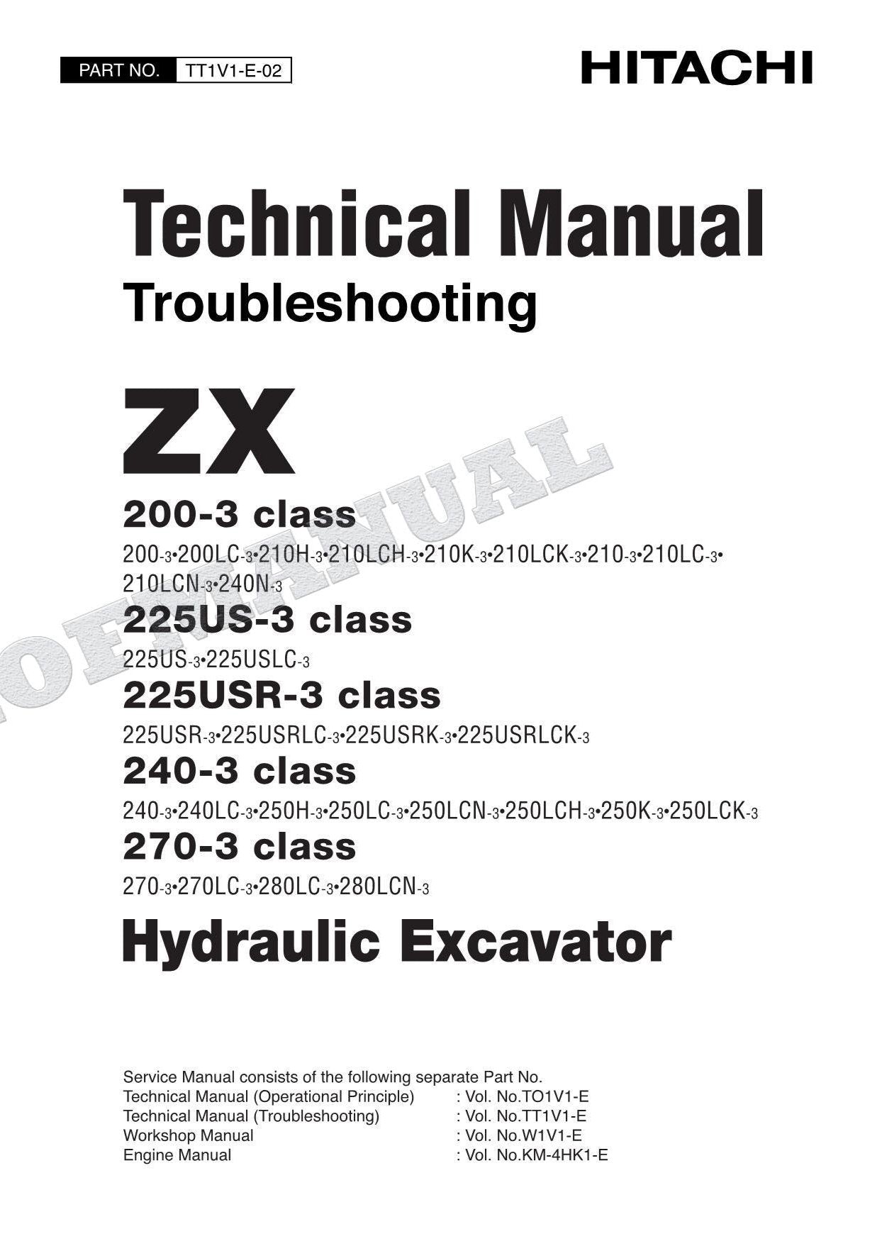 Hitachi  ZX225US-3 ZX225USLC-3 Excavator Troubleshooting Schemes Service Manual