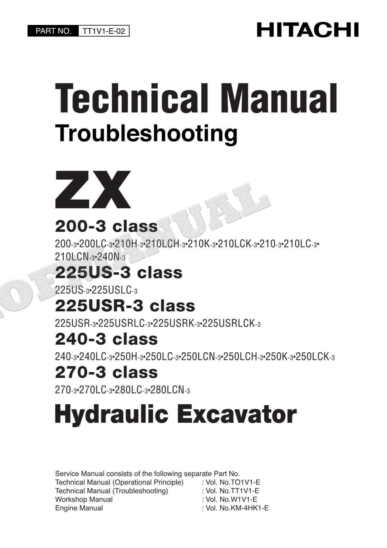 Hitachi ZX225USRK-3 ZX225USRLCK-3 ZX240-3 Excavator Troubleshoot Service Manual