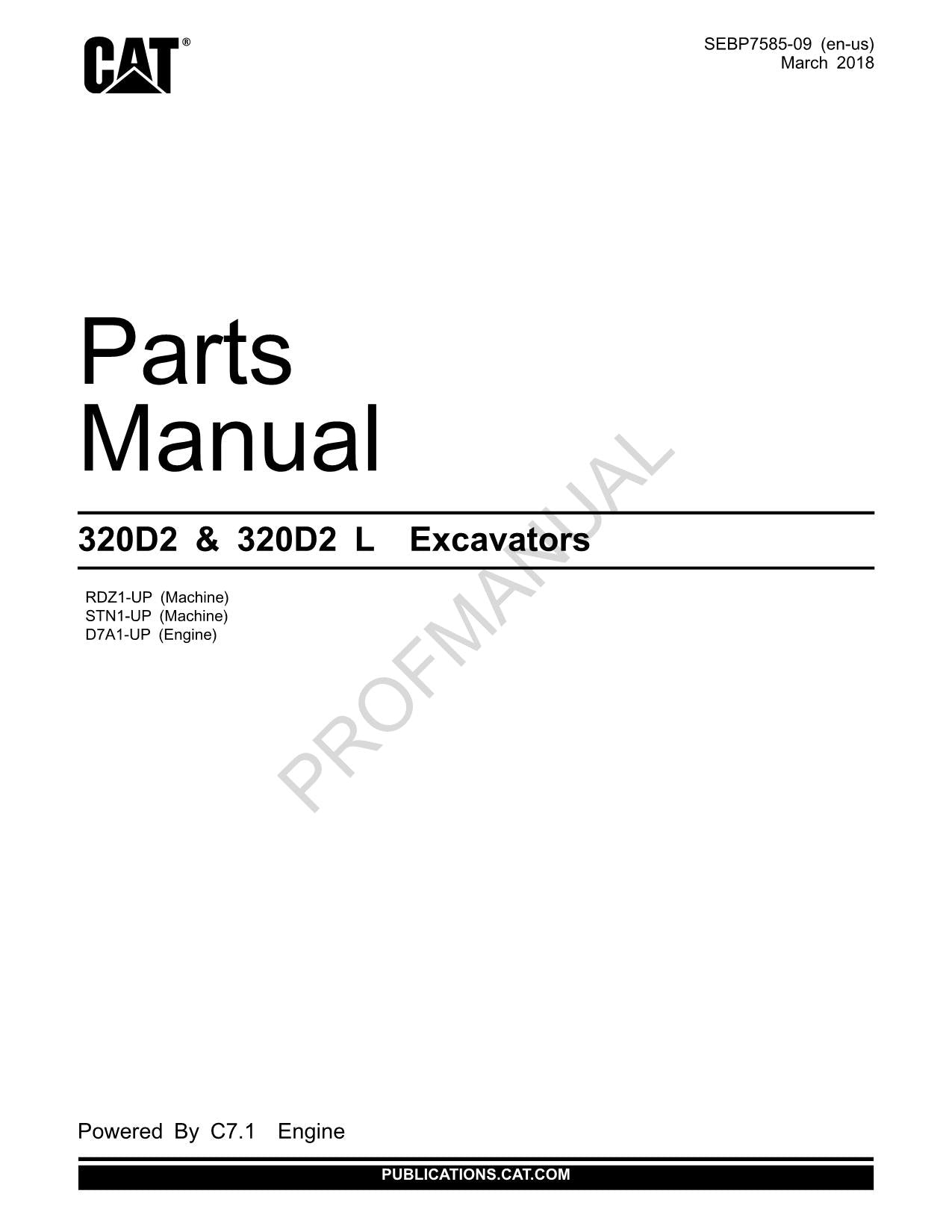 Caterpillar Cat 320D2 320D2 L Excavator Parts Catalog Manual SEBP7585