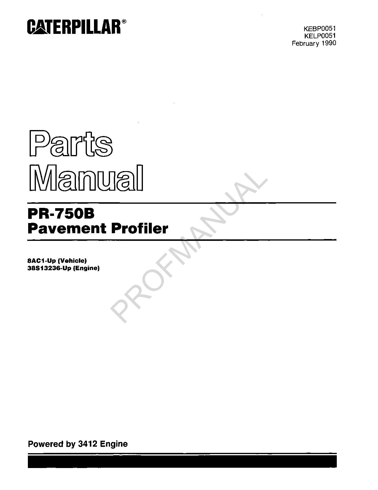 Caterpillar Cat PR 750B Pavement Profiler Parts Catalog Manual