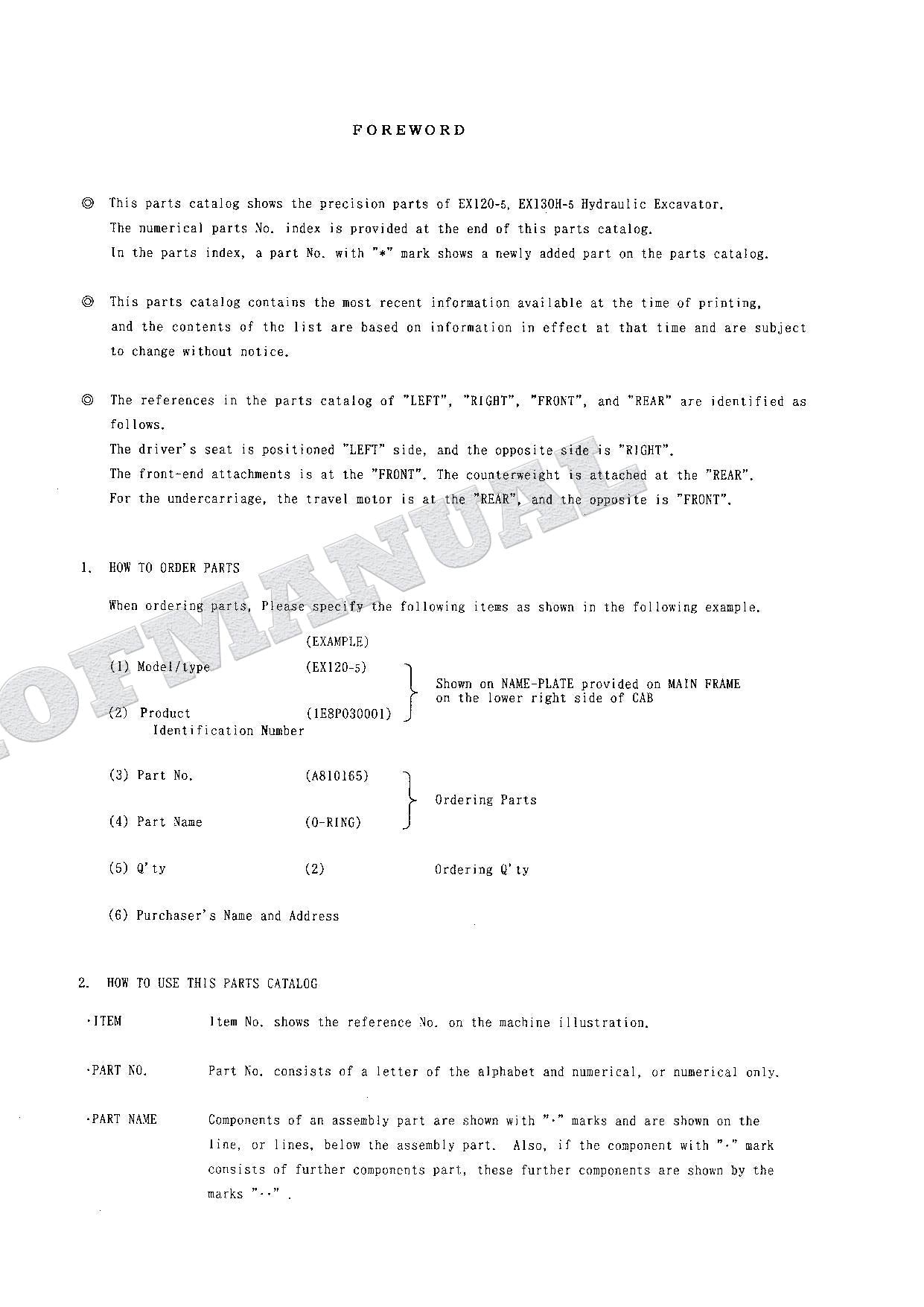 HITACHI EX120-5 EX130H-5 Equipment Component Excavator Parts Catalog Manual