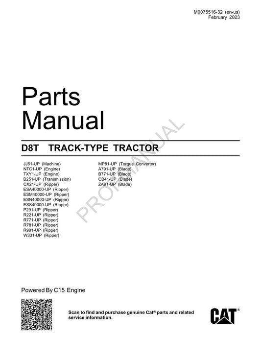 Caterpillar Cat D8T Track Type Tractor Parts Catalog Manual M0075516