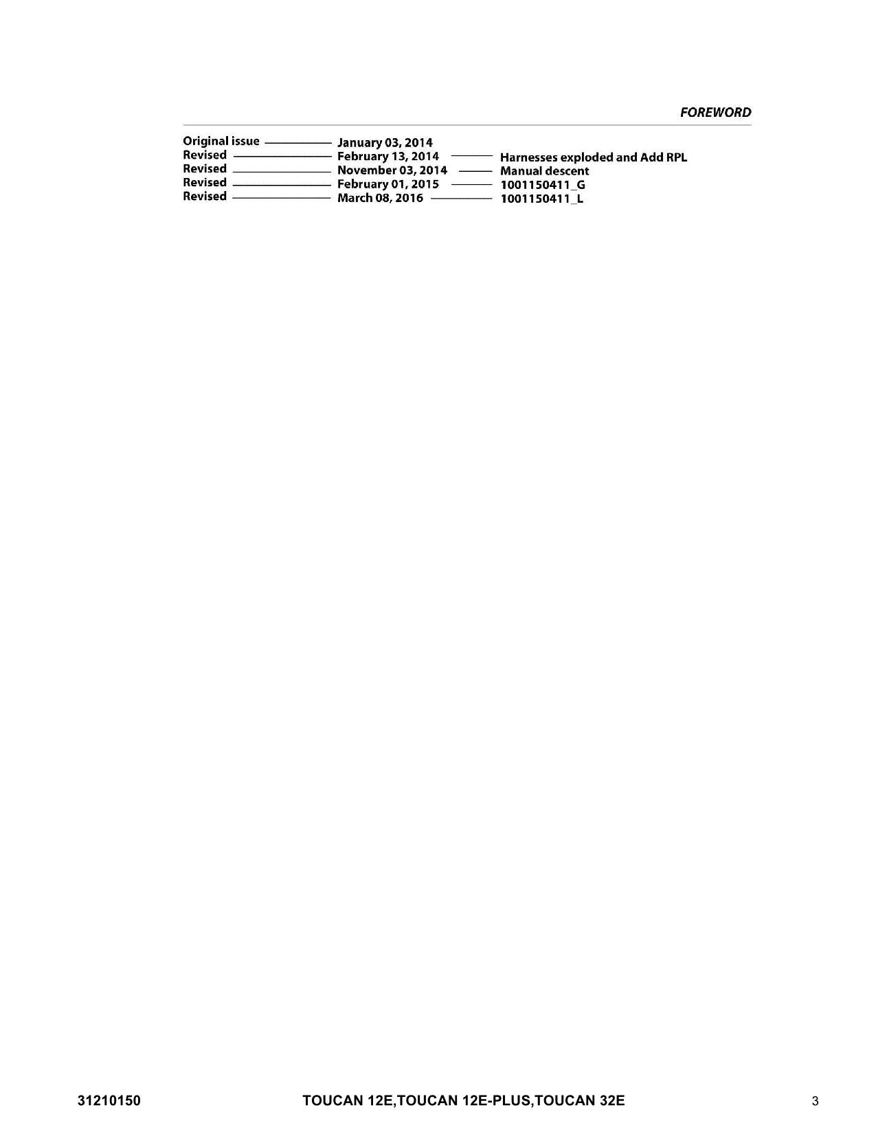 TOUCAN 12E 12E Plus 32E Vertical Lift Parts Catalog Manual 31210150 Multi lang