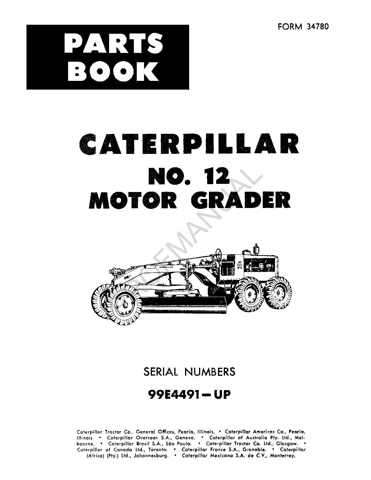 Caterpillar Cat 12 Motor Grader Parts Catalog Manual SN 99E4491-Up