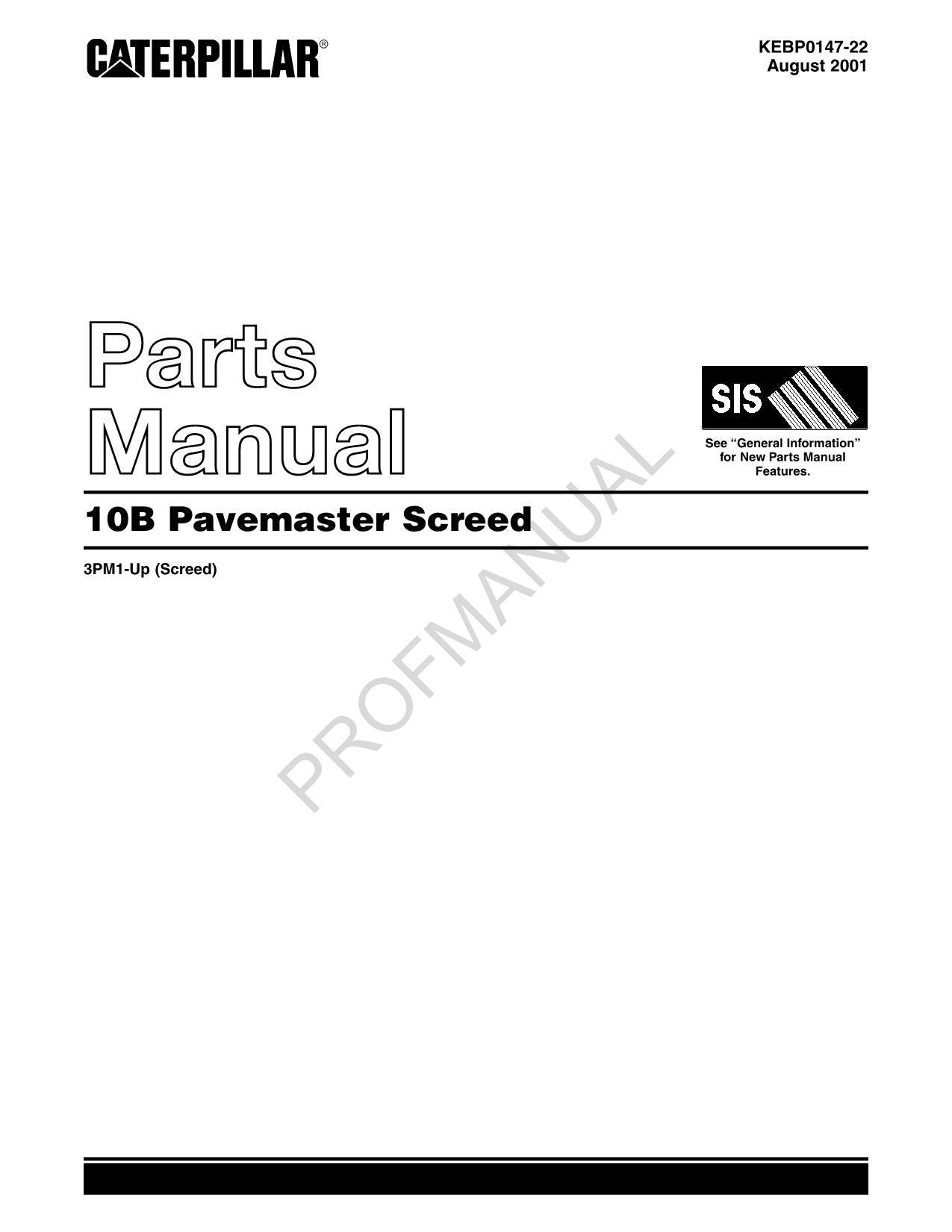 Caterpillar Cat 10B Pavemaster Screed Parts Catalog Manual 3PM1-Up