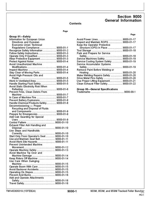 JOHN DEERE 903M 953M 959M BUNCHER OPERATION TEST TECHNICAL MANUAL TM14536X019