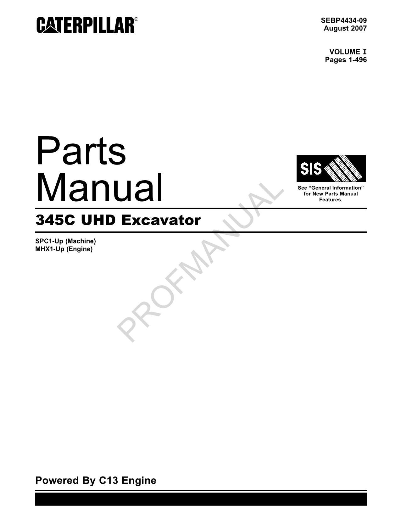 Caterpillar Cat 345C UHD Excavator Parts Catalog Manual