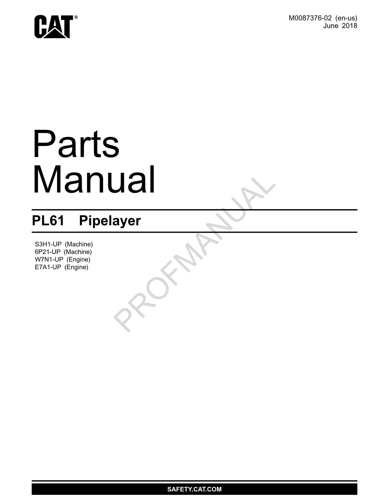 Caterpillar Cat PL61 Pipelayer Parts Catalog Manual