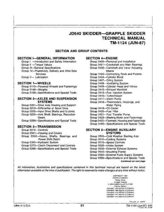 JOHN DEERE 640 SKIDDER REPAIR SERVICE TECHNICAL MANUAL TM1124