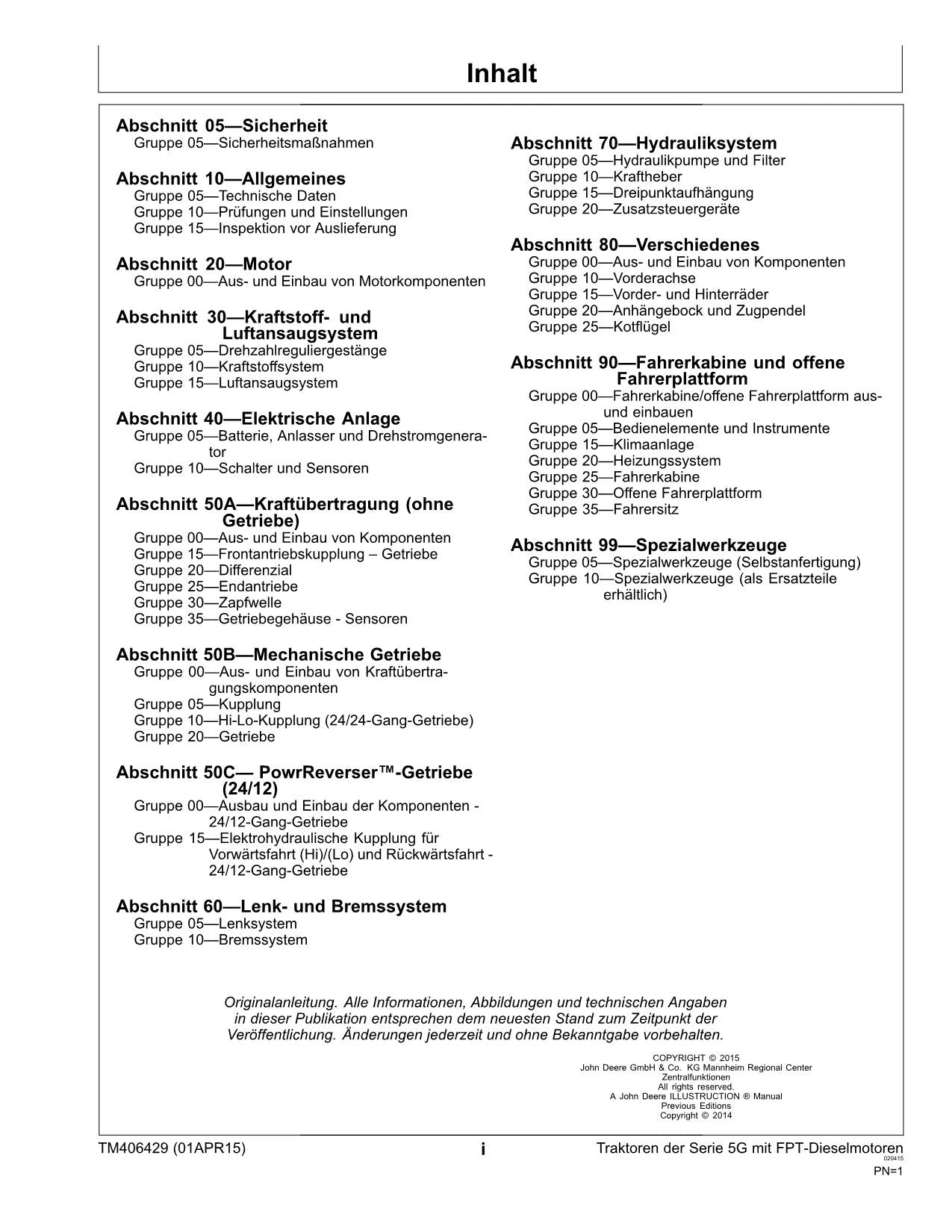 JOHN DEERE 5075GF 5075GN 5075GV 5085GV TRAKTOR REPARATURHANDBUCH