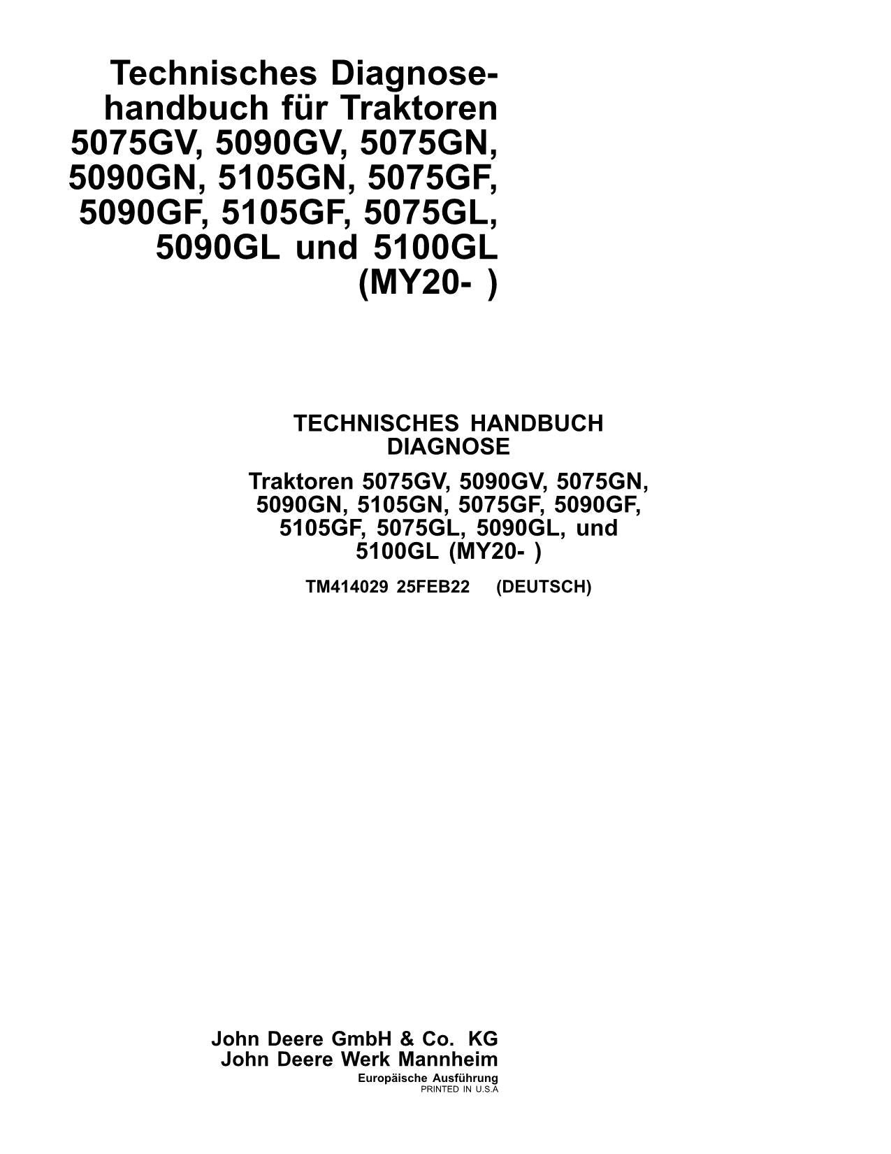 JOHN DEERE 5075GL 5090GL 5100GL TRAKTOR DIAGNOSE REPARATURHANDBUCHANDBUCH