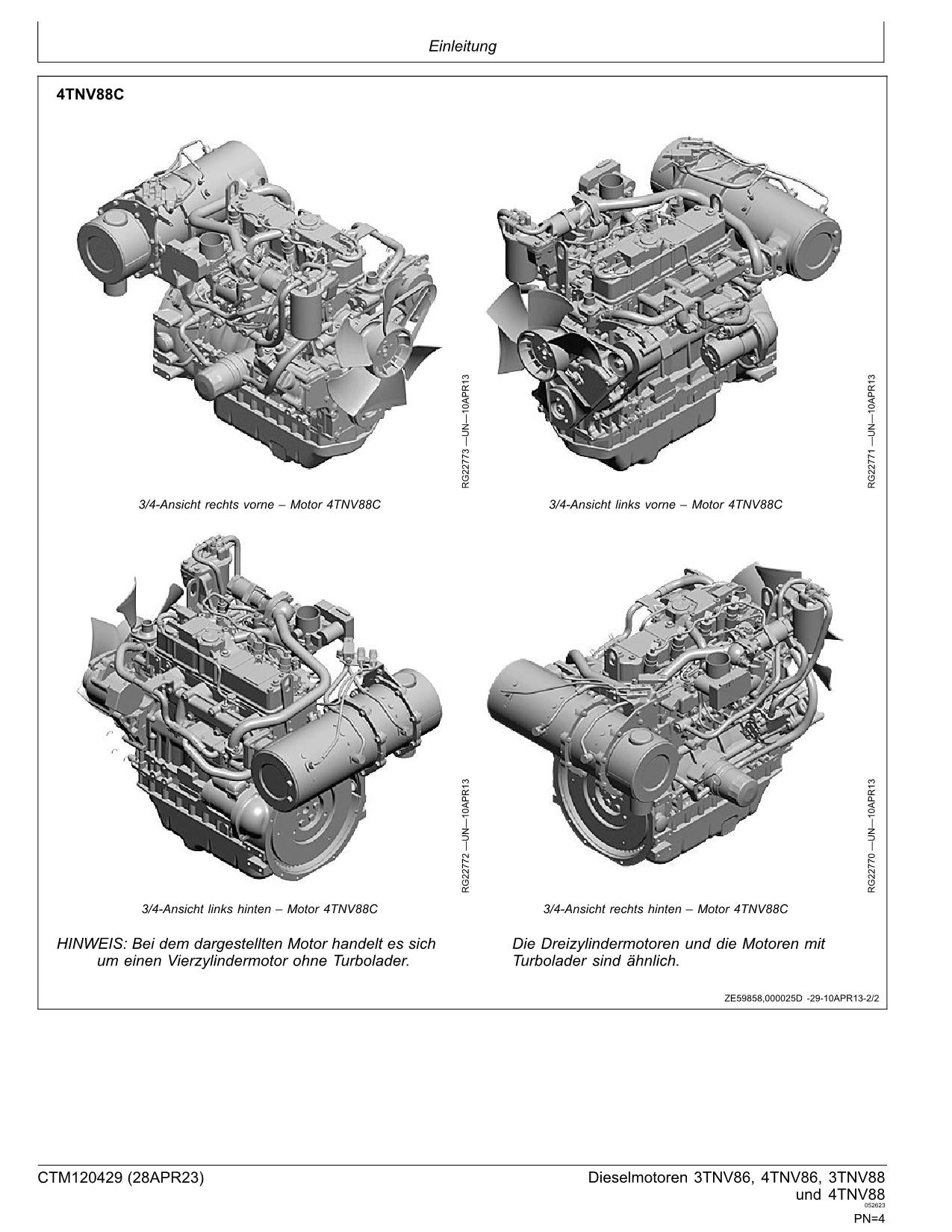 JOHN DEERE 3TNV88F 4TNV86CHT 4TNV86CT 4TNV88C MOTOR REPARATURHANDBUCH