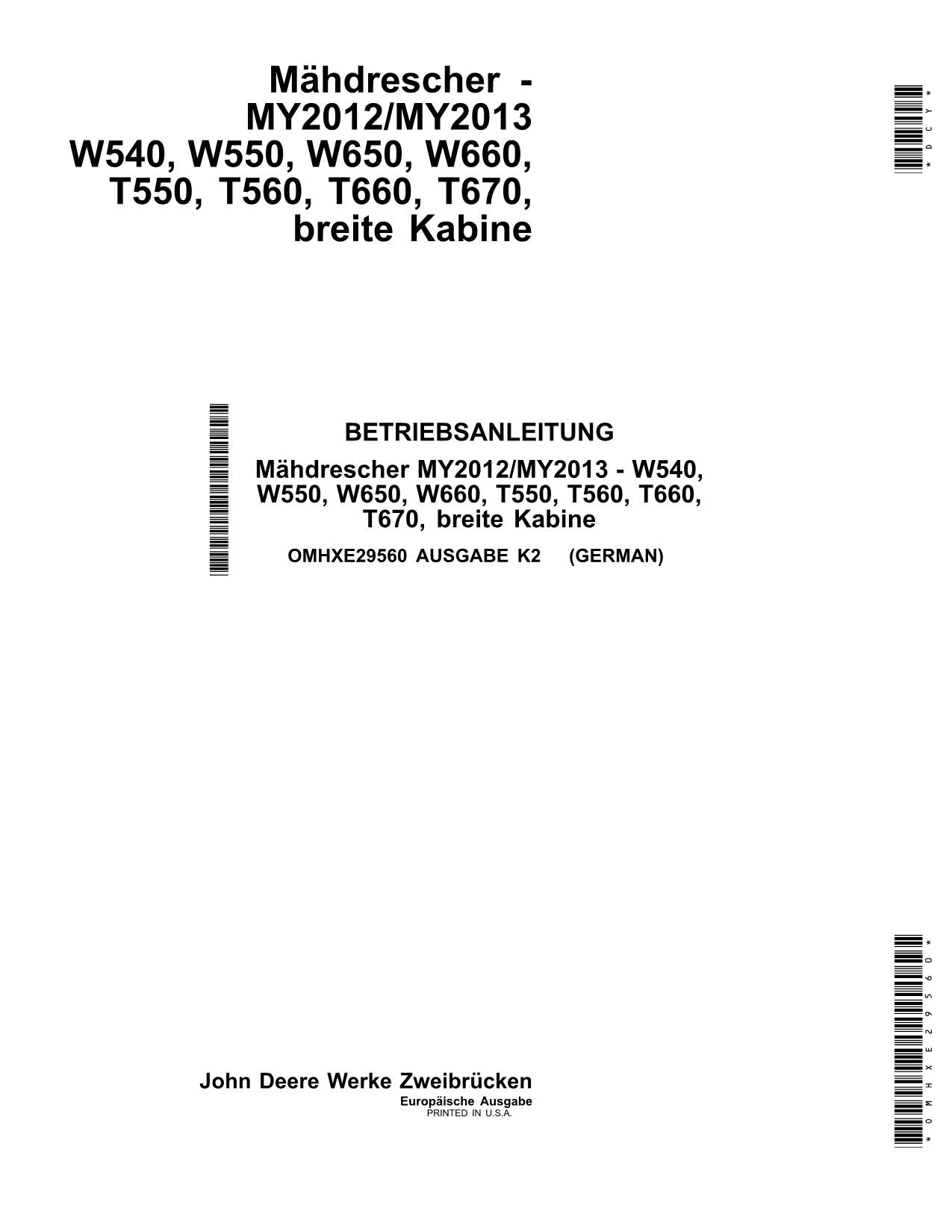 John Deere T550 T560 T660 T670 Manuel d'instructions pour modèles MY2012-MY2013