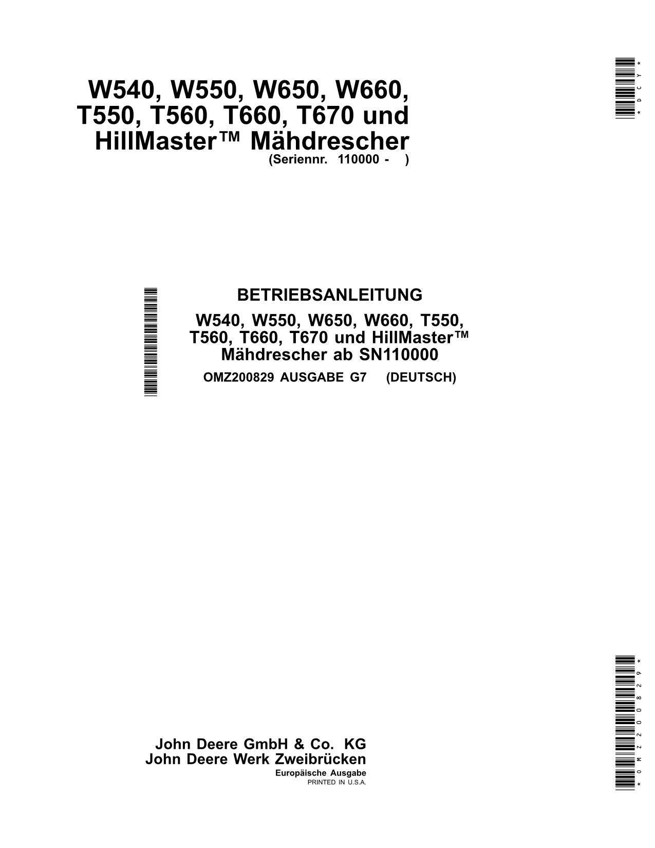 John Deere T550 T560 T660 T670 HILLMASTER Mähdrescher betriebsanleitung 110000-