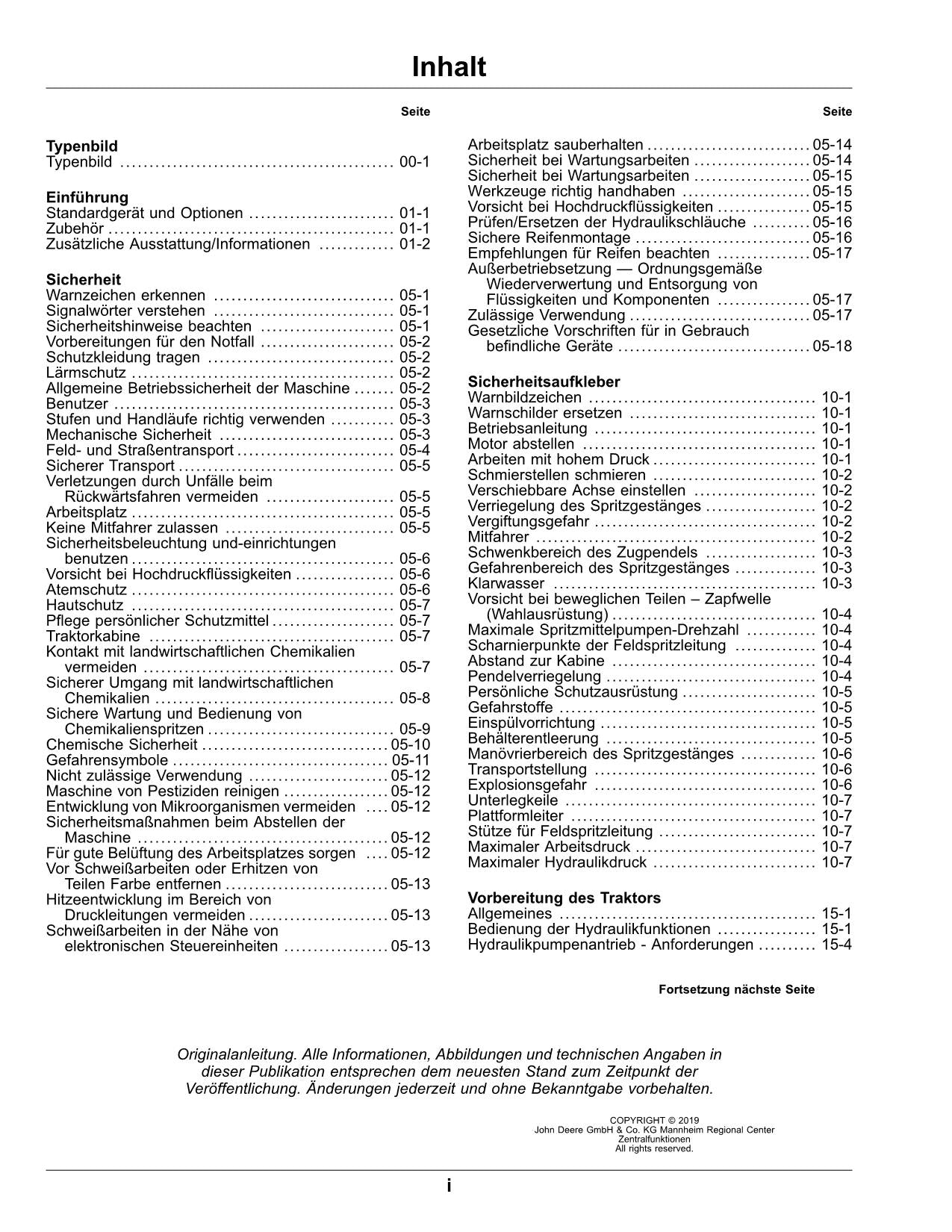 John Deere Anhängefeldspritze M724i M732i M740i MFC betriebsanleitung