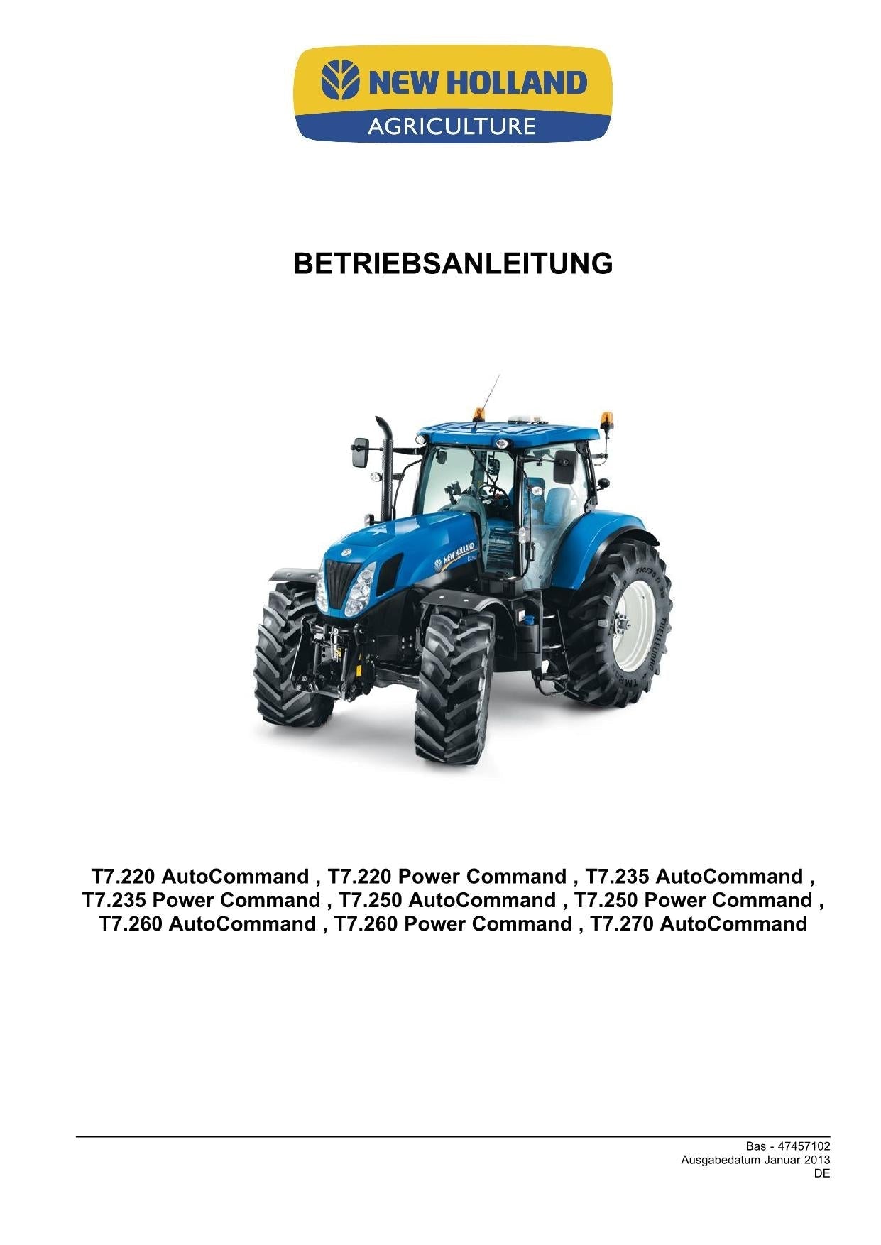 New Holland T7.250 T7.260 T7.270 tracteur betriebsanleitung 47457102