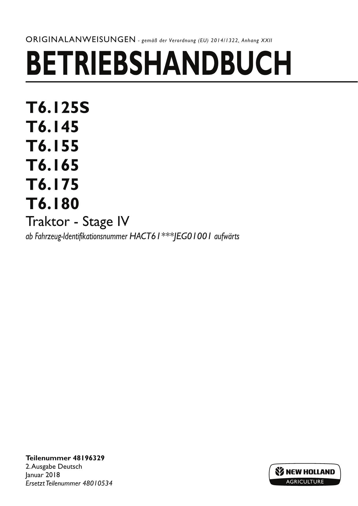 New Holland T6.165 T6.175 T6.180 traktor betriebsanleitung STAGE 4