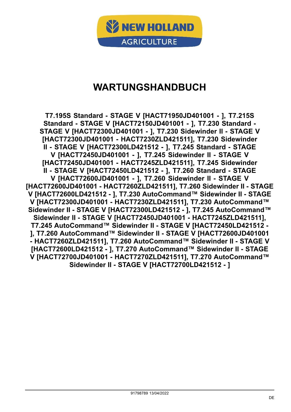 NEW HOLLAND T7.245 T7.260 T7.270 TRAKTOR REPARATURHANDBUCH