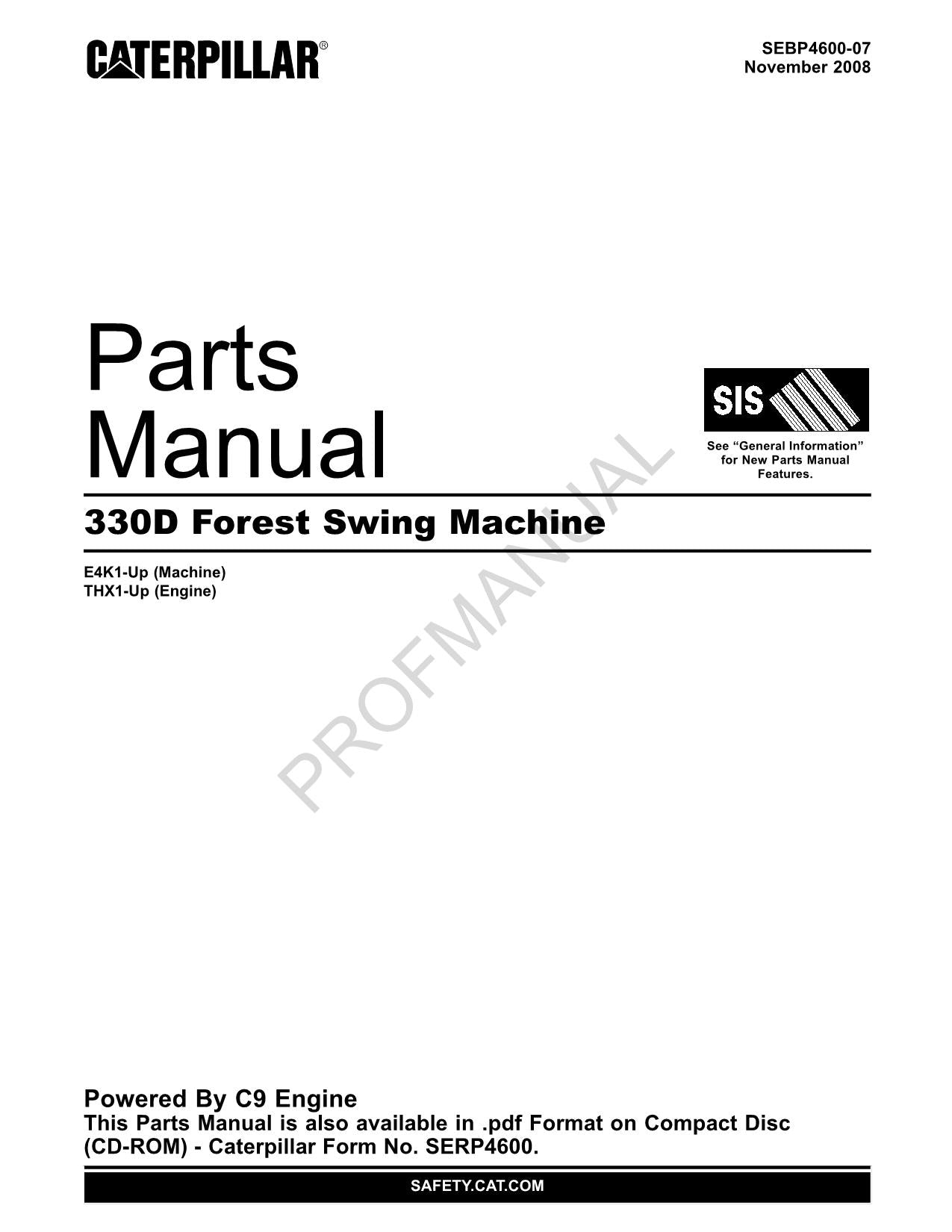 Caterpillar Cat 330D Forest Swing Machine Parts Catalog Manual THX1-UP E4K1-Up