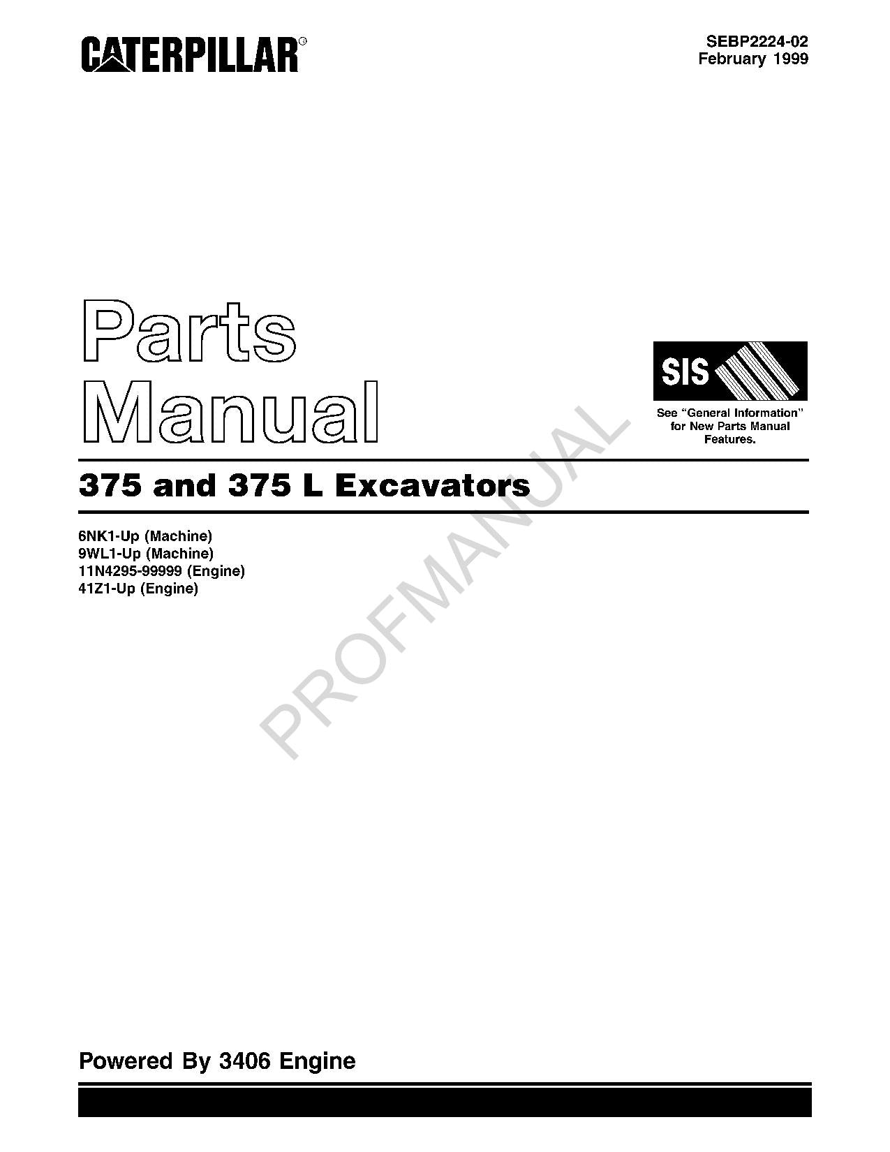 Caterpillar Cat 375 375 L Excavator Parts Catalog Manual SEBP2224