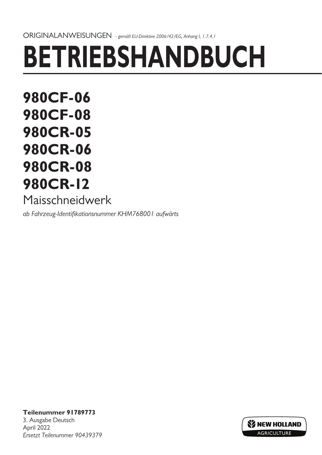 New Holland 980CR06 980CR08 980CR12 Schneidwerk Manuel d'instructions