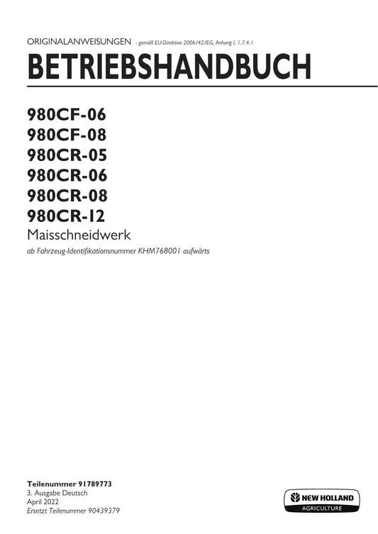 New Holland 980CR06 980CR08 980CR12 Schneidwerk Manuel d'instructions