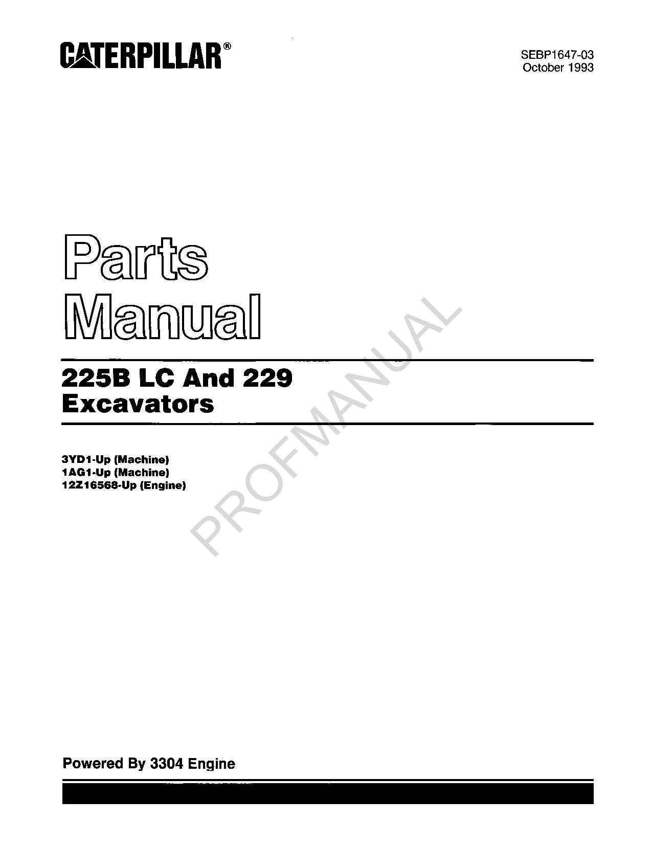 Caterpillar Cat 225B LC 229 Excavator Parts Catalog Manual SEBP1647