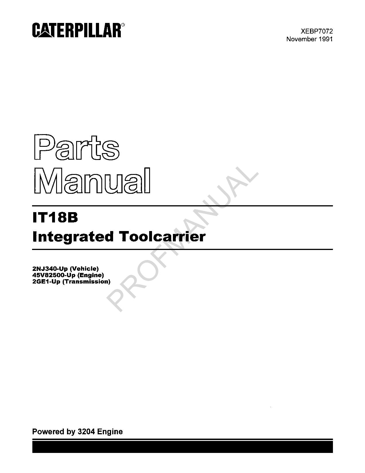 Caterpillar Cat IT18B Integrated Toolcarrier Parts Catalog Manual XEBP7072