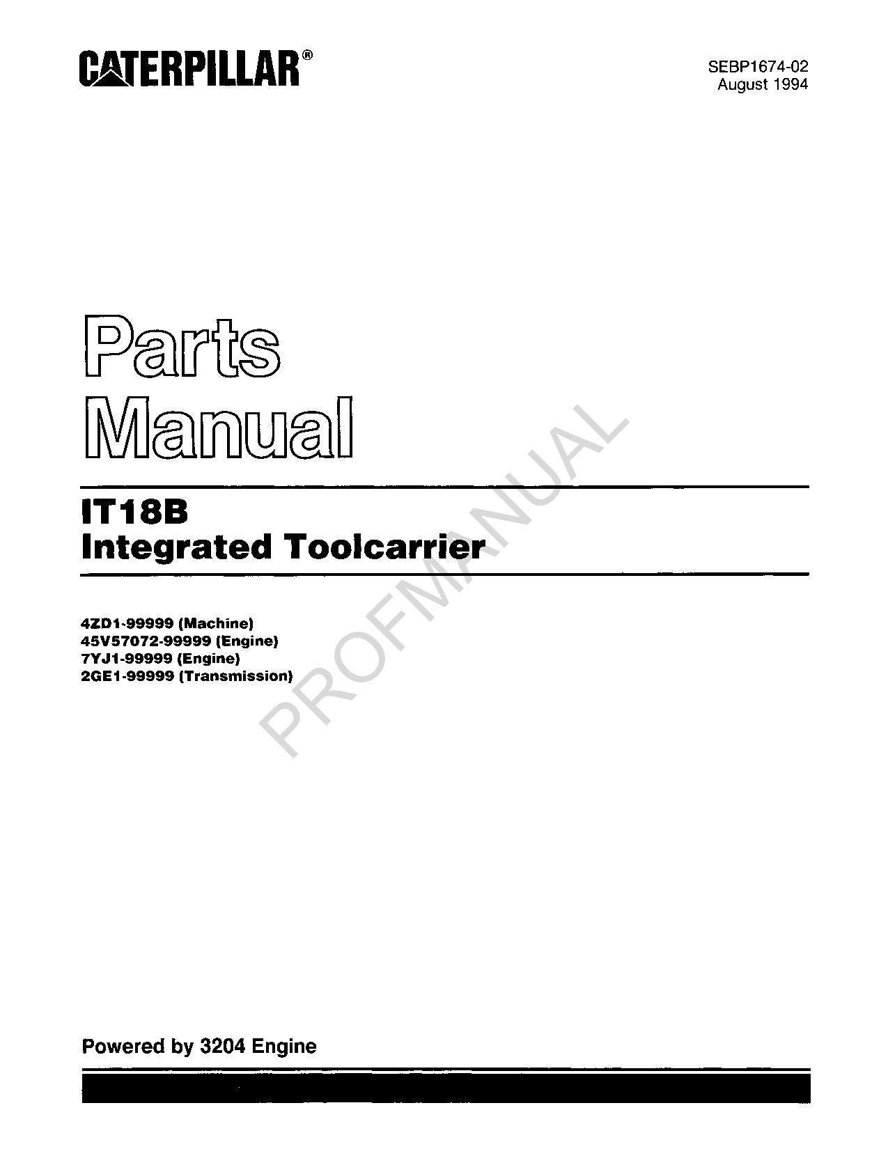 Caterpillar Cat IT18B Integrated Toolcarrier Parts Catalog Manual SEBP1674