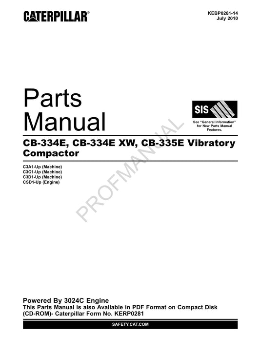 Caterpillar CB 334E CB 334E XW CB 335E Vibratory Compactor Parts Catalog Manual