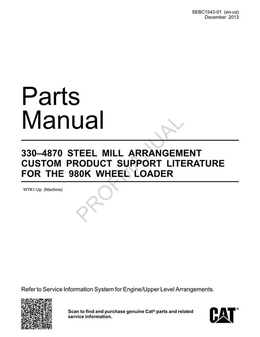 Caterpillar Cat 330 4870 Steel Mill Arrangement 980K Loader Parts Catalog Manual