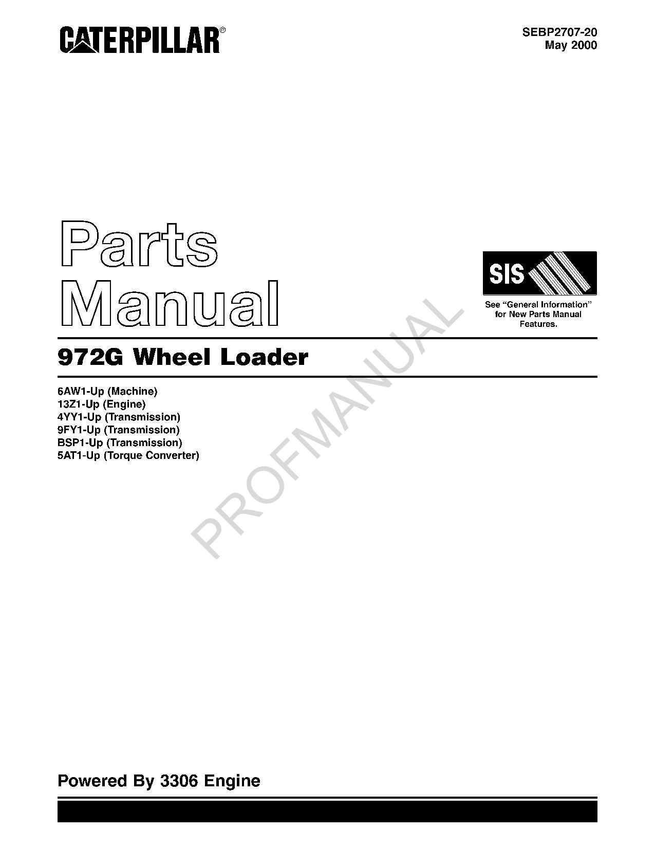 Caterpillar Cat 972G Wheel Loader Parts Catalog Manual SEBP2707