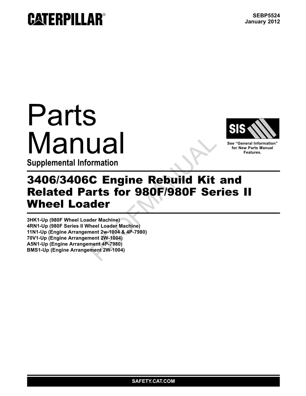 Caterpillar Cat 34063406C Engine 980F 980F Series 2 Loader Parts Catalog Manual