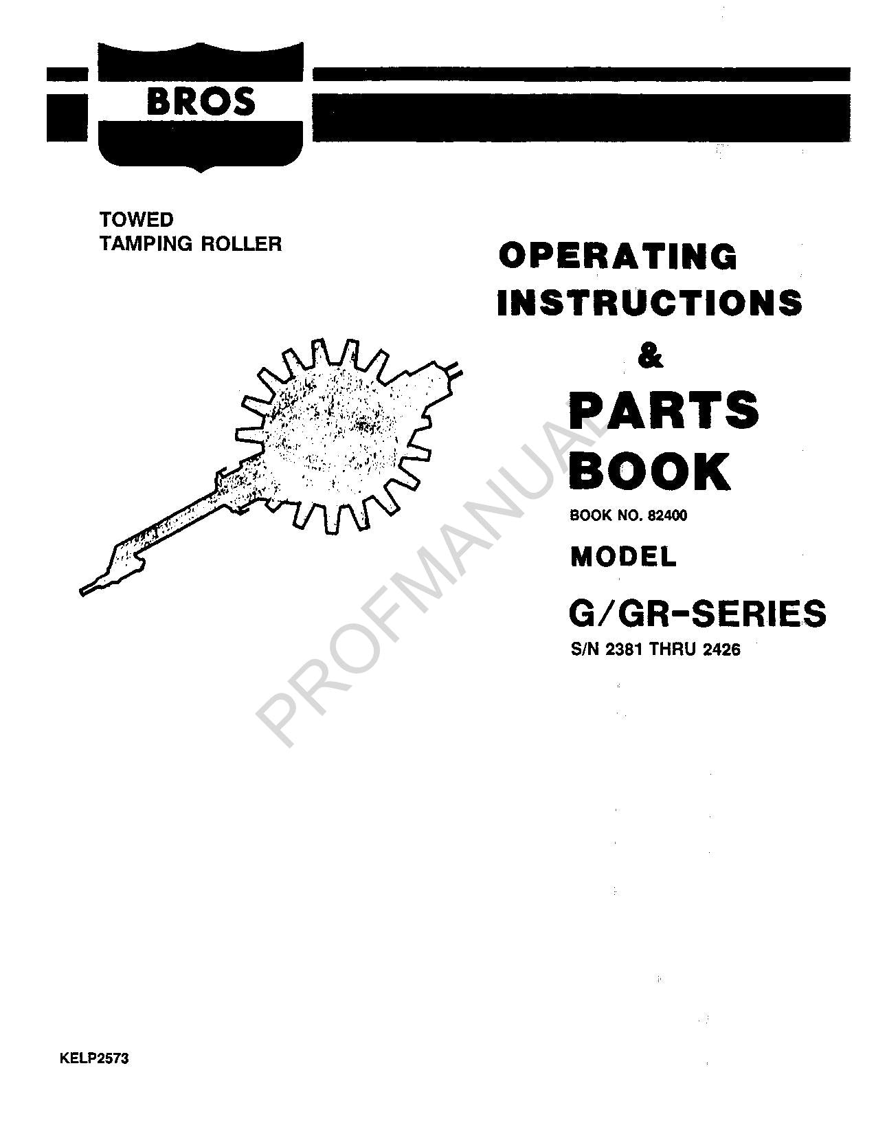 Caterpillar Cat Bros G-GR Series Towed Tamping Roller Parts Catalog Manual