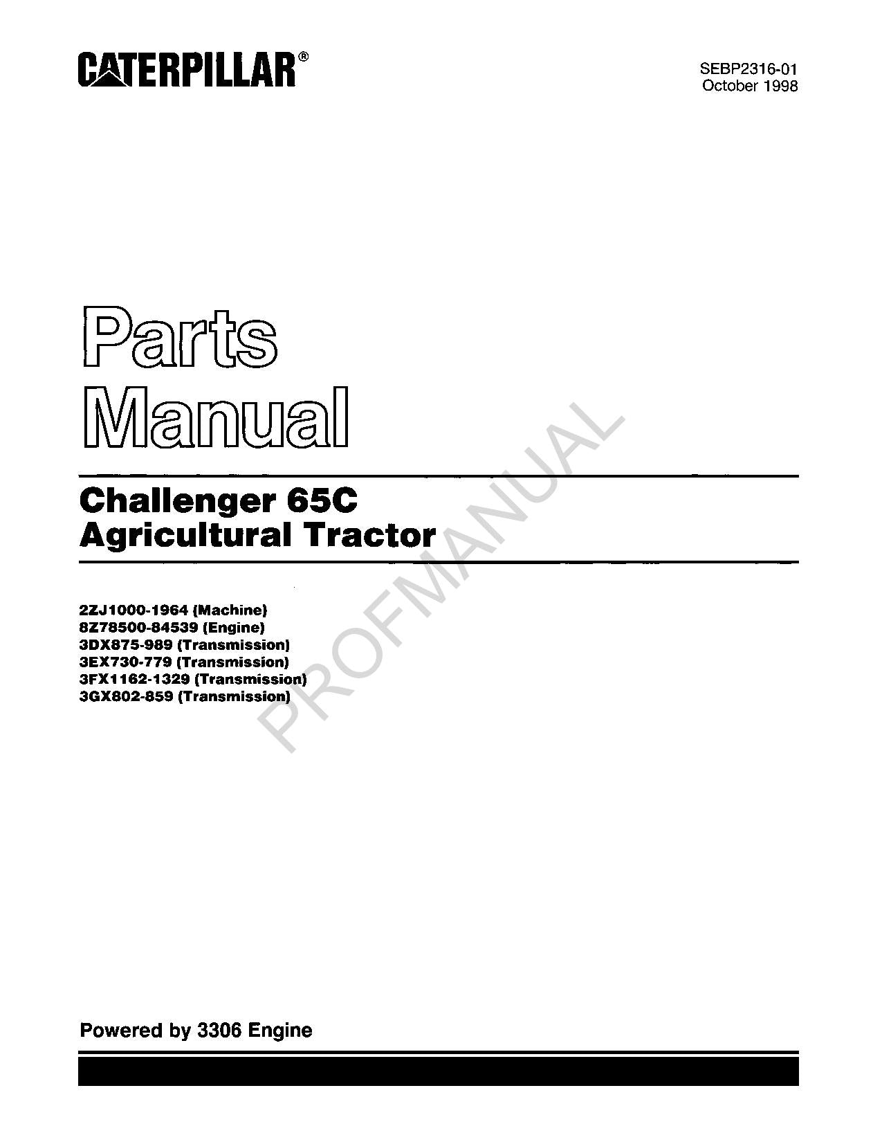 Caterpillar Cat Challenger 65C Agricultural Tractor Parts Catalog Manual