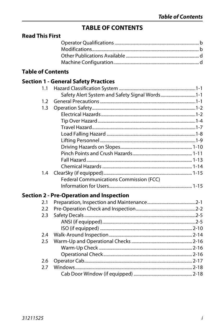 SKYTRAK 10042 10054 12054 6036 6042 8042 Telehandler Operators Manual 31211525